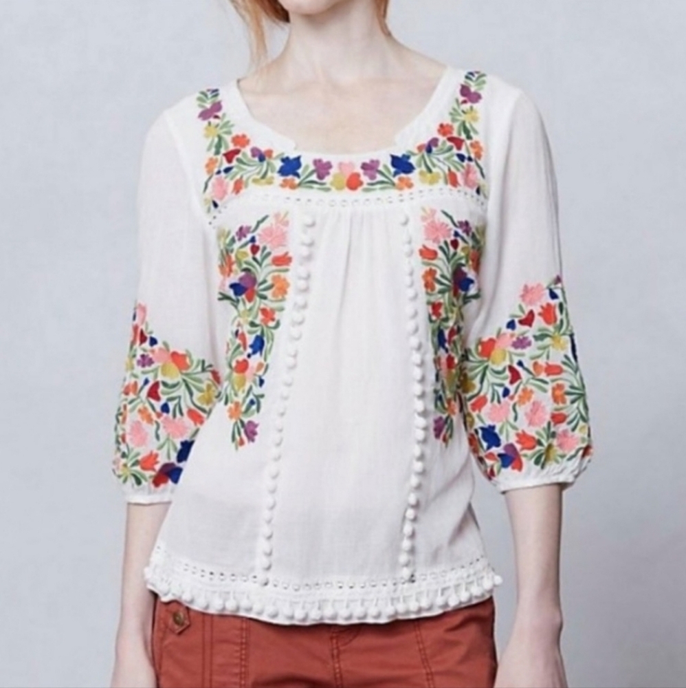Anthropologie White Peasant Blouse with Multicolor Floral Embroidery